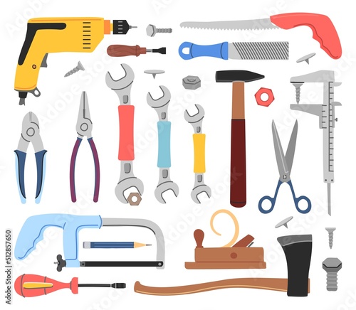Construction building tools. Home repair tooling, wrenches and screws. Screwdriver, isolated toolkit elements. Flat carpentry decent vector set