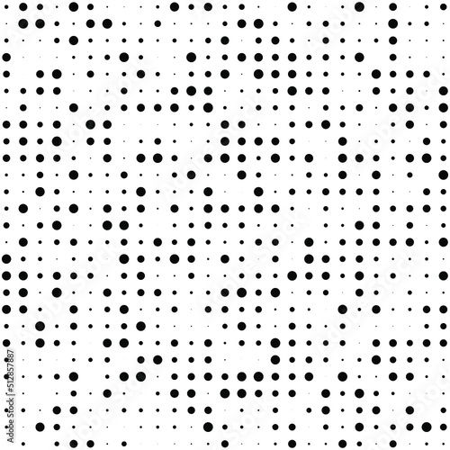Black polka dots random pattern background. Abstract halftone. Vector illustration.