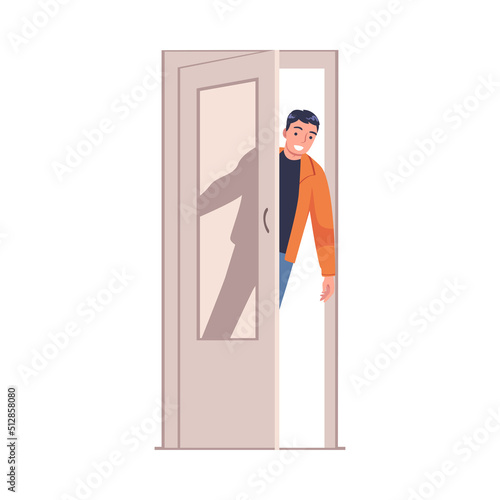 Man Character at the Door Opening It Entering Home Vector Illustration