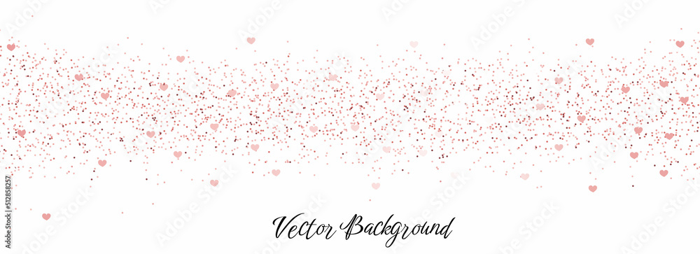 Sparkling falling rose gold dust with hearts on white background. Vector horizontal background with glitter and space for text