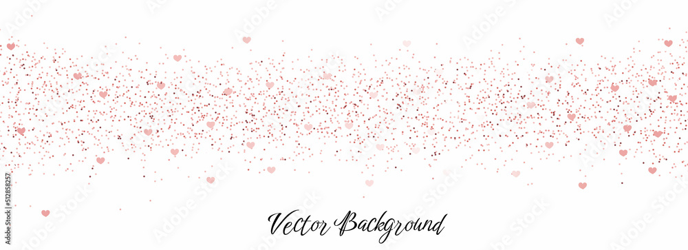 Sparkling falling rose gold dust with hearts on white background. Vector horizontal background with glitter and space for text Sparkling falling rose gold dust with hearts on white background. Vector horizontal background with glitter and space for text