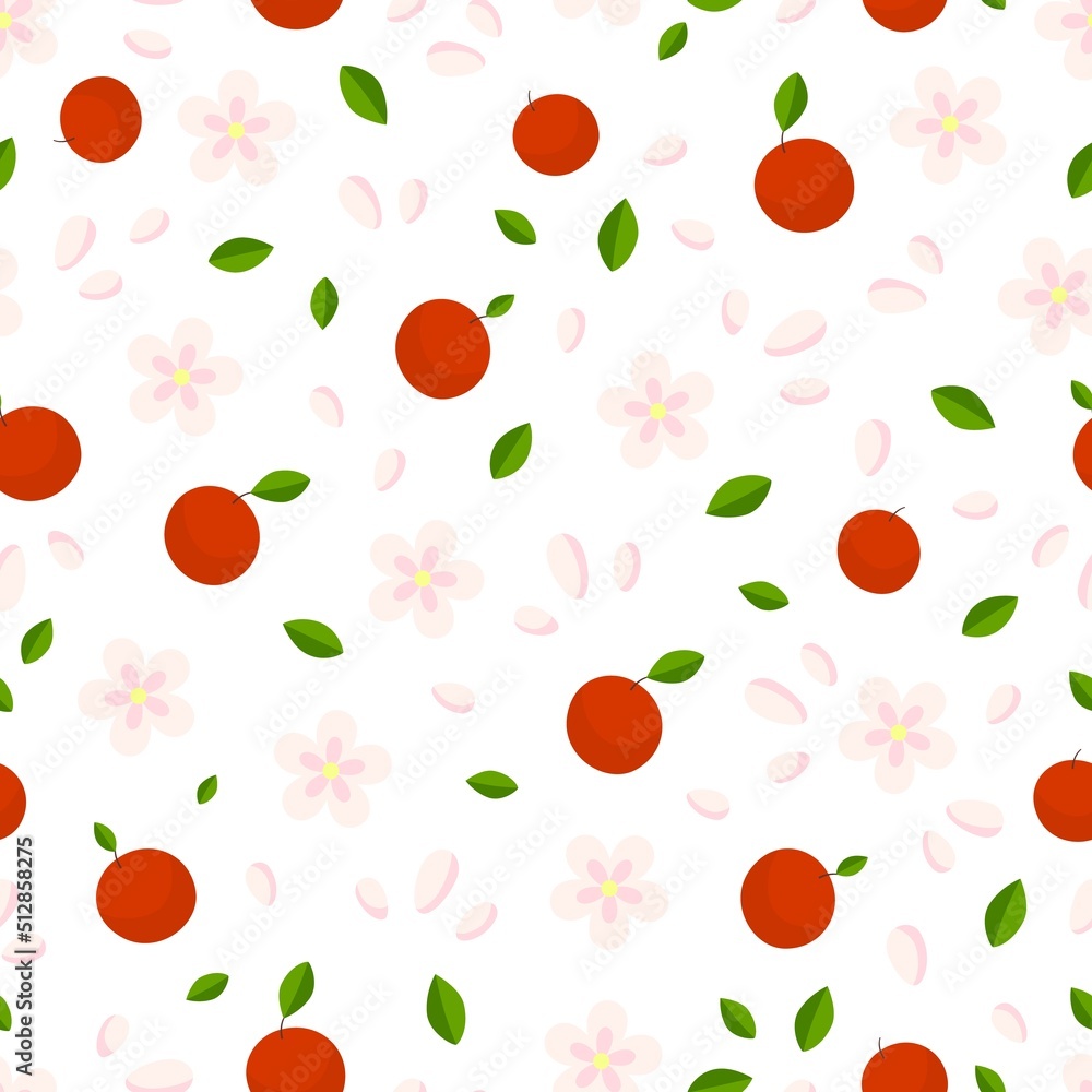 Pink flower and red apples seamless pattern. Apple tree flowers, leaves and falling petals. Romantic cute spring summer fabric print, vector floral nature background Pink flower and red apples seamless pattern. Apple tree flowers, leaves and falling petals. Romantic cute spring summer fabric print, vector floral nature background