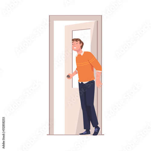 Man Character at Open Door Leaving Home Going Out Vector Illustration