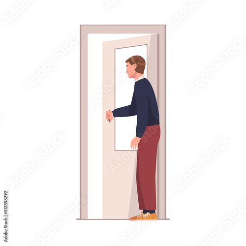 Man Character at Open Door Leaving Home Going Out Vector Illustration