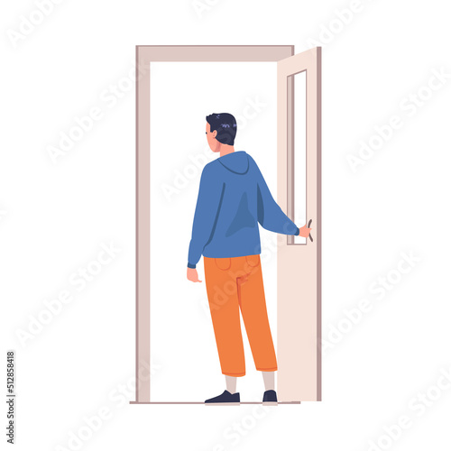 Man Character at Open Door Leaving Home Going Out Vector Illustration