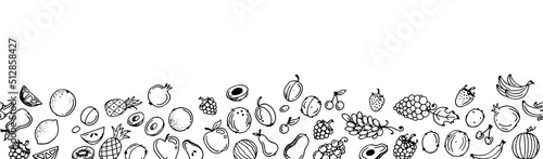Garden fruits. Edible food plants. Continuous seamless picture. Bottom border at edge. Monochrome drawing. Hand drawing outline. Isolated on white background. Vector.