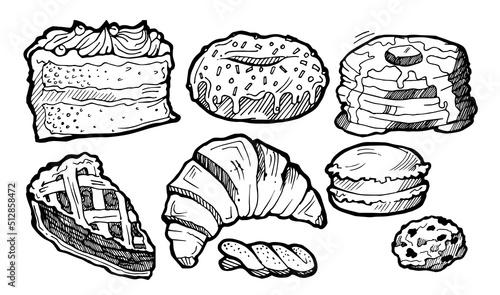 Set of pastries and buns. Hand drawing outline. Isolated on white background. Loaf and bread sweet rolls. Monochrome drawing. Vector