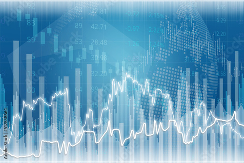 Blue finance background with bars, columns, lines, numbers. Stock market concept
