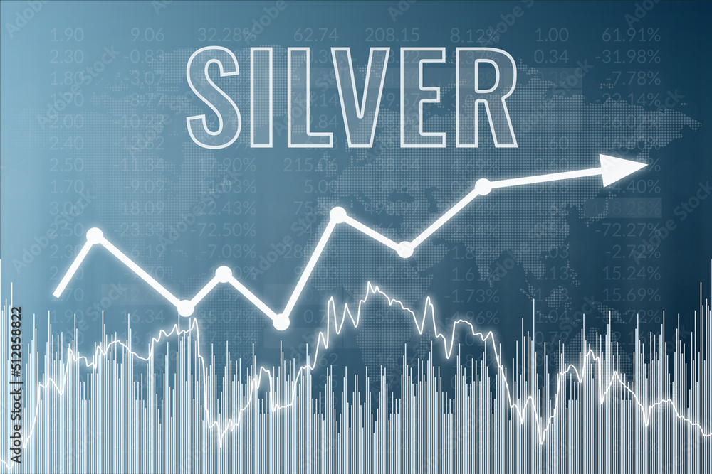 Price change on trading Silver on blue finance background with arrow. Uptrend