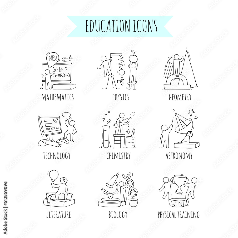 School icons set with studing little people