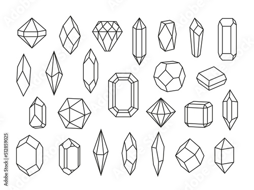 Line crystal set. Drawing jewel mineral structure, crystals and gemstone. Geometric diamond symbols, outline stones gem shapes tidy vector kit