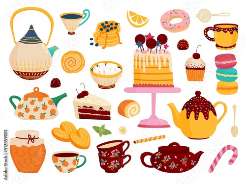 Morning sweets and desserts. Warm pancakes with jam, cake and donuts. Cute kitchen teapot and cups. Isolated sweet teatime classy vector set