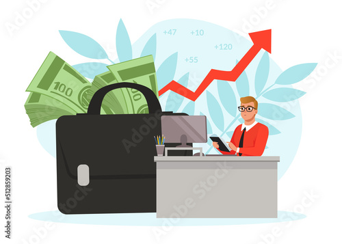 Businessman Working at Desk with Computer and Huge Briefcase with Money Banknote Vector Illustration