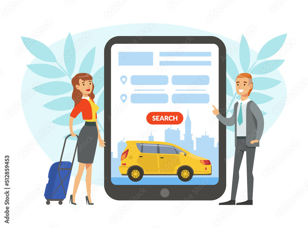 Carsharing with Young Woman with Suitcase Renting Car Using Mobile App on Smartphone Vector Illustration Carsharing with Young Woman with Suitcase Renting Car Using Mobile App on Smartphone Vector Illustration