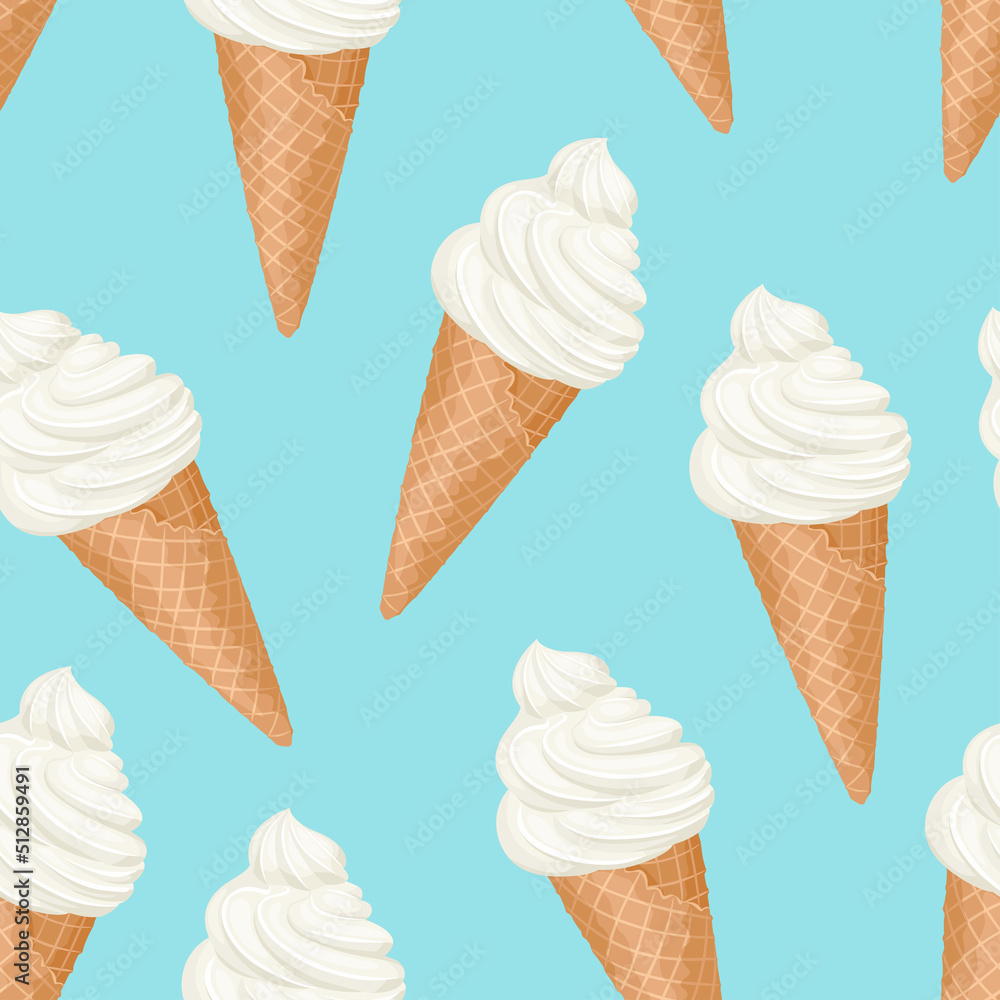 White ice cream in waffle cone seamless pattern. Sweet dessert ...