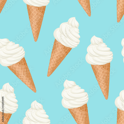 White ice cream in waffle cone seamless pattern. Sweet dessert background. Vector cartoon flat illustration.