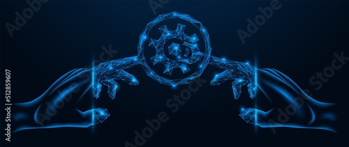 Collaboration, setting up the mechanism. Fingers in the form of a magnifying glass and a wrench are working on the project. Polygonal design of lines and dots. Blue background.