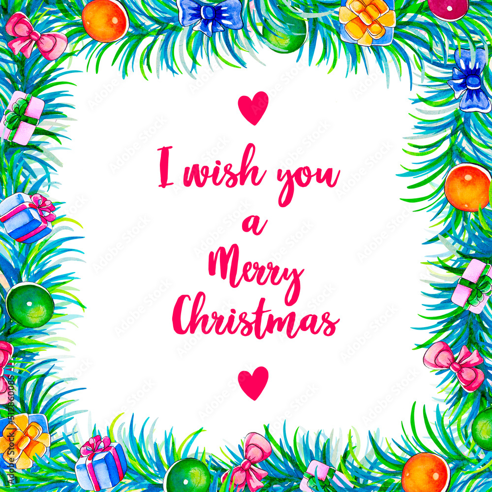 Fototapeta premium Christmas frame with gifts in watercolor