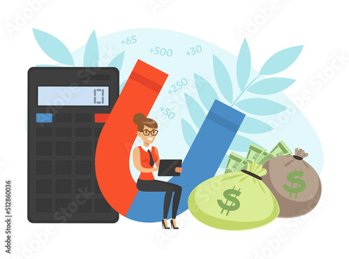 Happy Woman Character with Calculator, Magnet and Sacks with Dollar Banknotes Vector Illustration