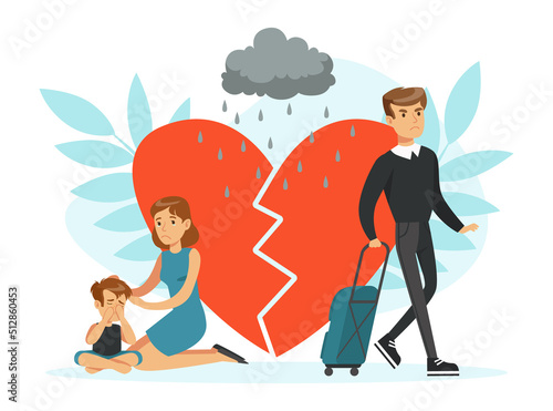 Divorce, Separation and Family Breakdown with Man with Suitcase Leaving Home Vector Illustration
