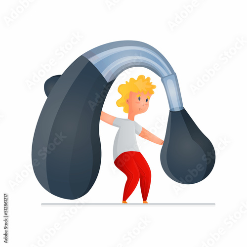 Vector illustration of an young man holding an enlarged hearing aid. Concept technological, medical devices, equipment for the deaf, assistance to the hard of hearing.