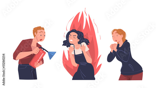 Man Character Extinguishing Burning Angry Shouting Woman Vector Illustration