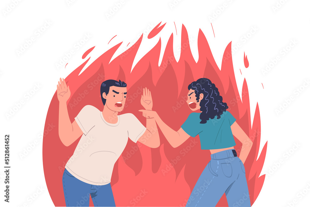 Angry Man and Woman with Furious Face in Flame Shouting and Arguing Having Conflict with Each Other Vector Illustration Angry Man and Woman with Furious Face in Flame Shouting and Arguing Having Conflict with Each Other Vector Illustration