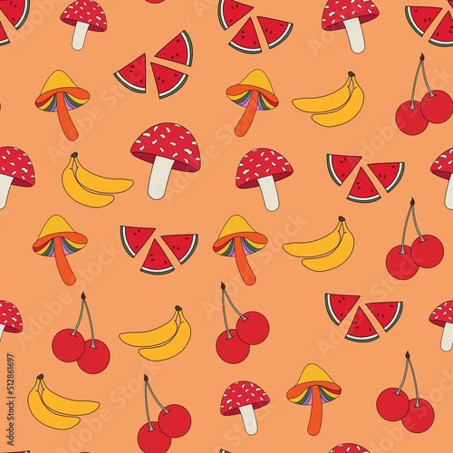 Seamless patterns in the hippie style. A pattern with Fuits, banana, watermelon, pineapple, cherry and sychedelic mushrooms. Vector illustration of retro patterns of the 70s