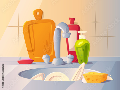 Washing Dishes with Sink, Sponge, Soap and Cleaning supplies. Cartoon background. Wash-up vector illustration.
