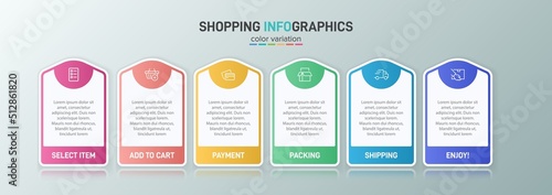 Concept of shopping process with 6 successive steps. Six colorful graphic elements. Timeline design for brochure, presentation, web site. Infographic design layout.