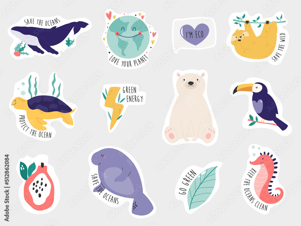 Eco set of colorful stickers. Green energy, save oceans, save the wild, sustainable living concept