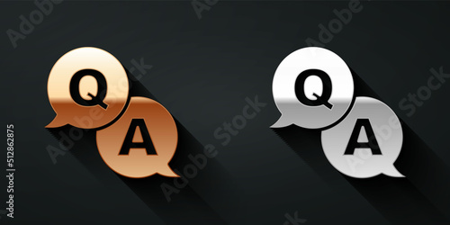 Gold and silver Speech bubbles with Question and Answer icon isolated on black background. Q and A symbol. FAQ sign. Chat speech bubble and chart. Long shadow style. Vector