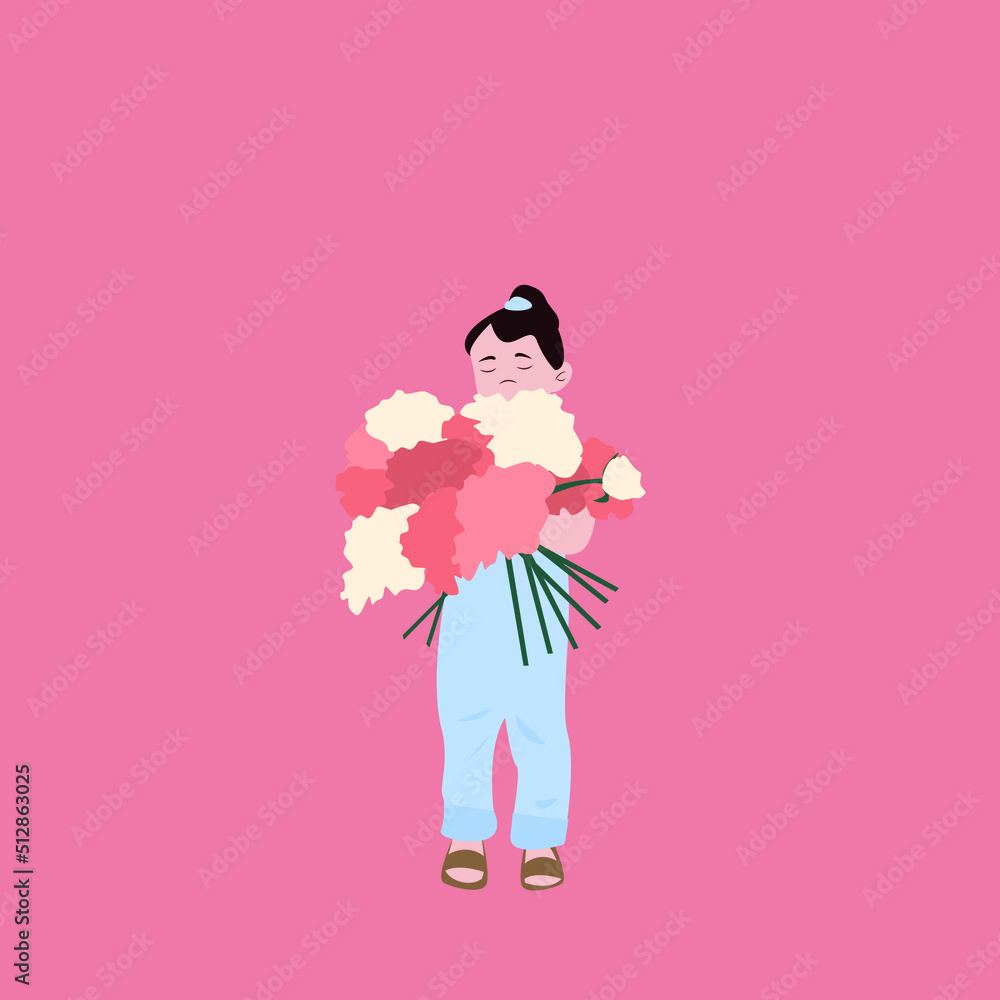 girl holding flowers. Hand drawn style vector design illustrations.