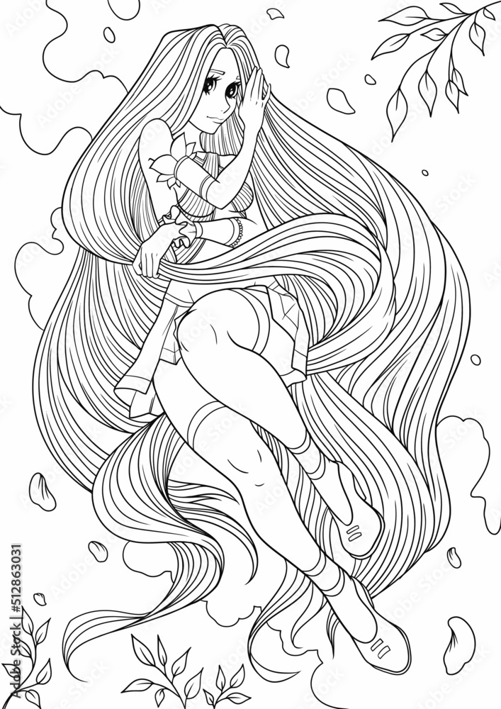 Young beautiful girl with long hair in garden. Flowers. Outline hand drawing coloring page for adult coloring book. Stock line vector illustration. Outline drawing. Young beautiful girl with long hair in garden. Flowers. Outline hand drawing coloring page for adult coloring book. Stock line vector illustration. Outline drawing.
