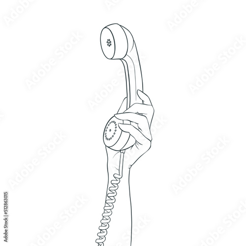 Girl's hand holding a vintage phone.  colorless contour vector illustration.