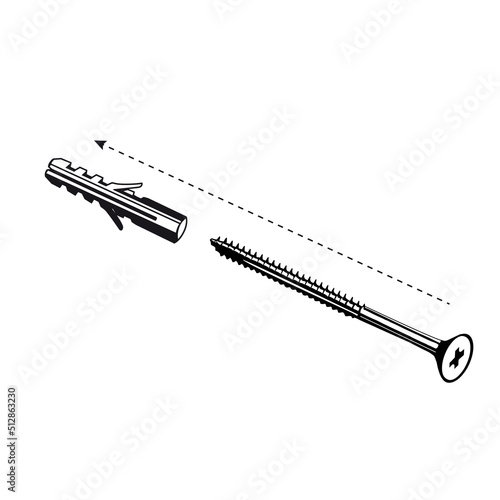screw and dowel at an angle of 45 degrees. Vector illustration
