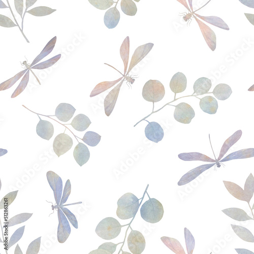 Dragonfly and leaves watercolor abstract background for design  print  wallpaper  textile. Seamless botanical pattern painted in watercolor digitally processed.