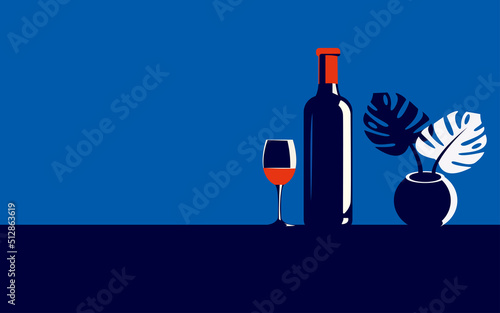 Vector illustration of a bottle of wine and a glass with red wine next to it in trendy colors in a minimal style.