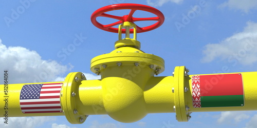 USA BELARUS oil or gas transportation concept, pipe with valve. 3D rendering