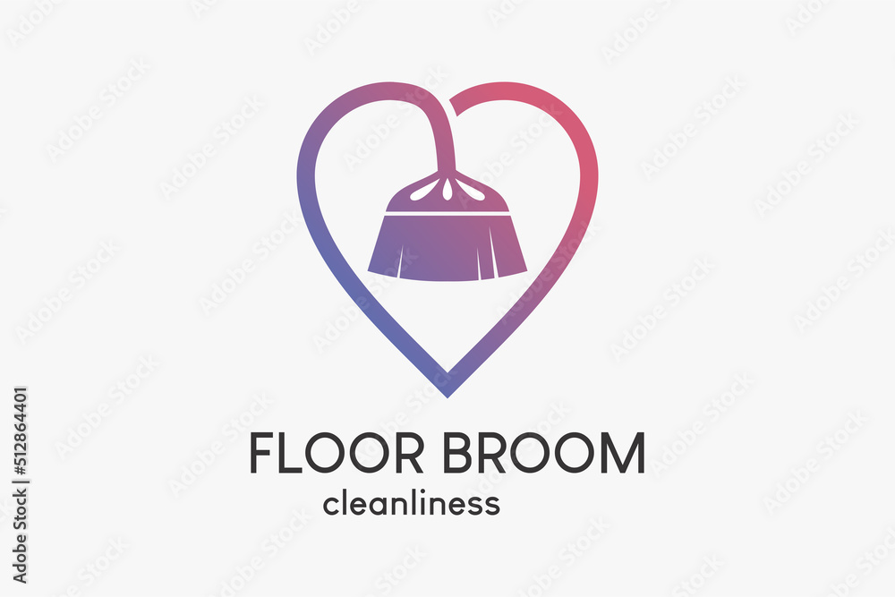 Floor sweep logo or house cleaning service with creative concept, floor broom silhouette combined with heart