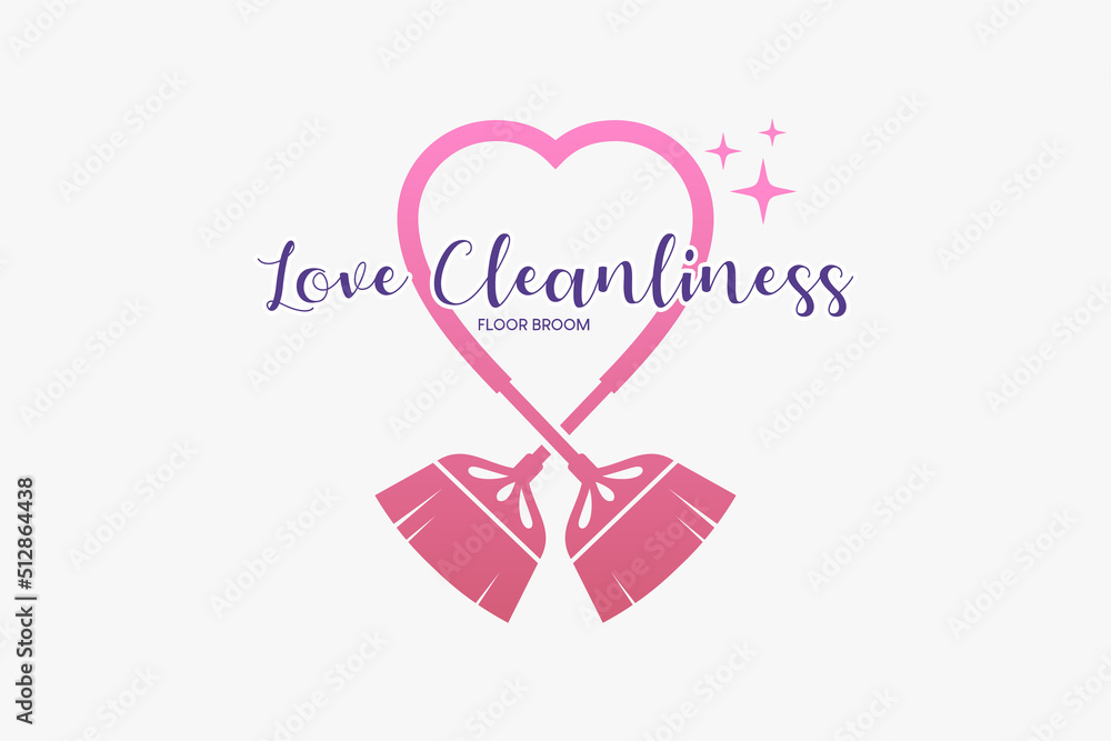 A floor sweep logo or house cleaning service with a creative concept, the silhouette of two floor brooms combined with a heart icon