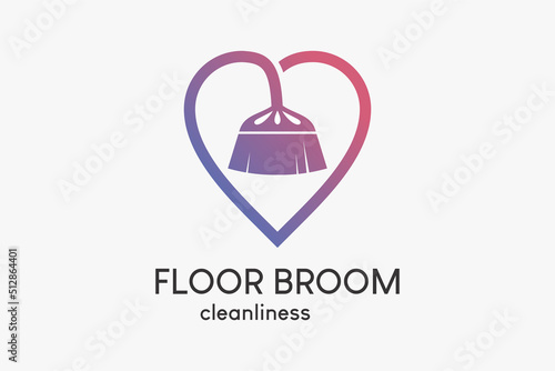 Floor sweep logo or house cleaning service with creative concept, floor broom silhouette combined with heart