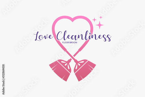 A floor sweep logo or house cleaning service with a creative concept, the silhouette of two floor brooms combined with a heart icon