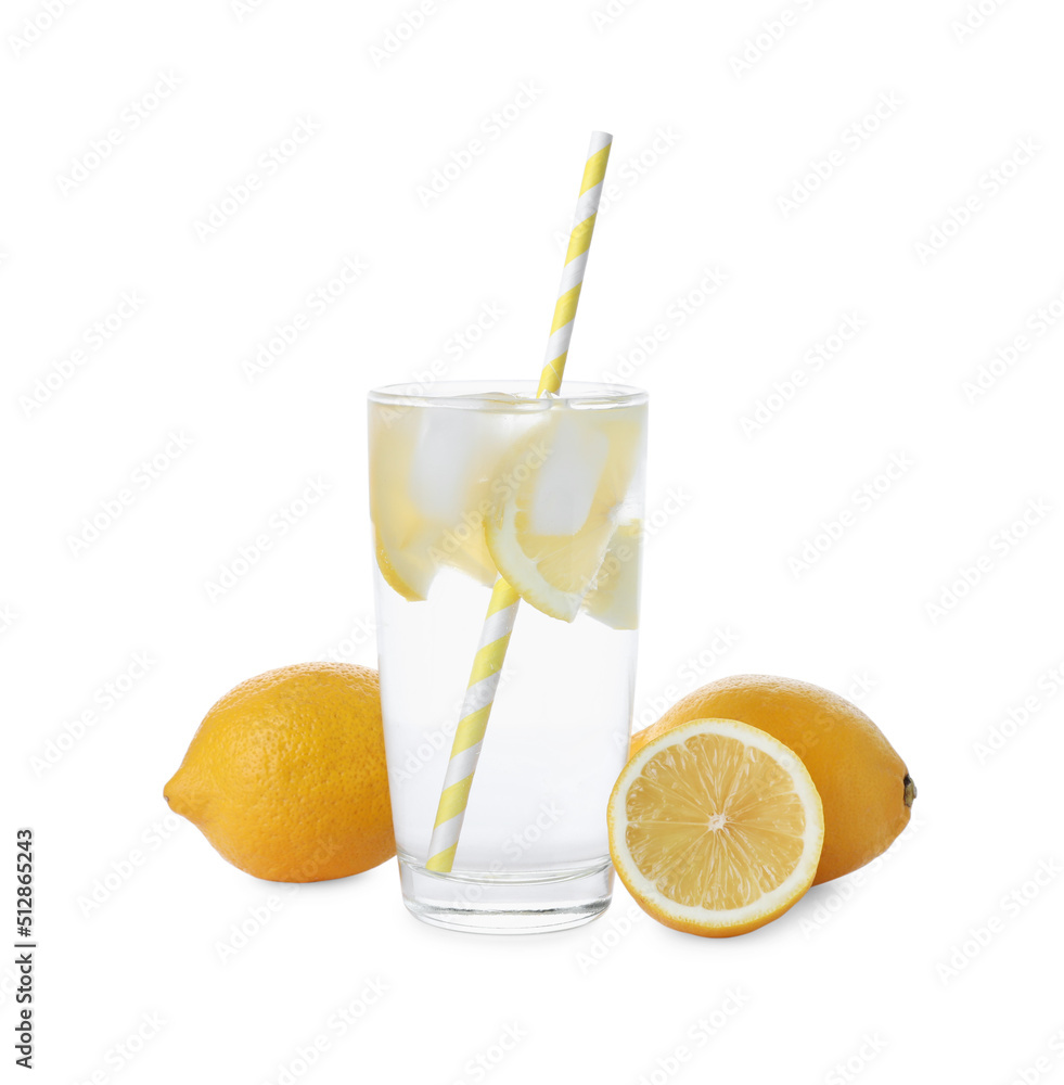 Glass with water, sliced lemon and ice on white background Glass with water, sliced lemon and ice on white background