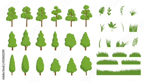 Vector tree collection - Set of flat design green cartoon trees on white background