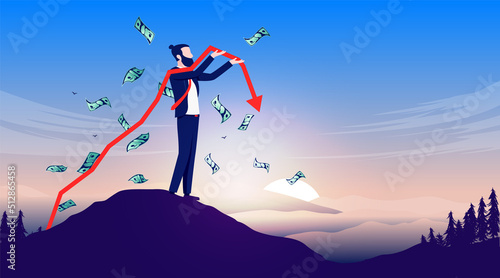Recession businessman - Male person standing holding red arrow pointing down while loosing money in a falling economy. Vector illustration