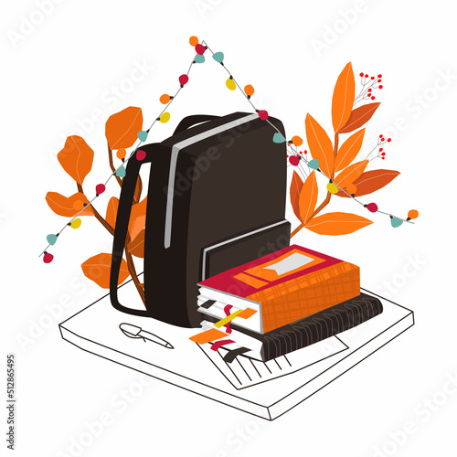 Vector illustration with set of educational subjects for school. Table with textbooks, books, notebook, pen, backpack, garland on background of colorful garland, autumn branches.