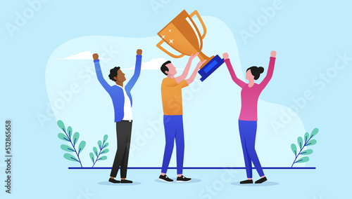 Winning casual business people holding trophy cup and cheering and celebrating. Flat design vector illustration with blue background