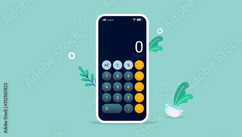 Calculator app on phone screen - Vector illustration in flat design on green background