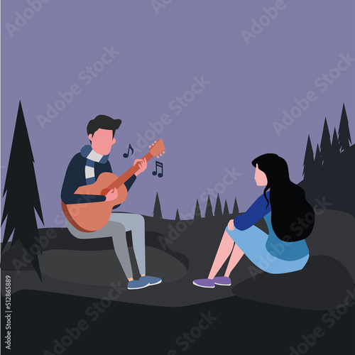 Evening in the forest with a guitar